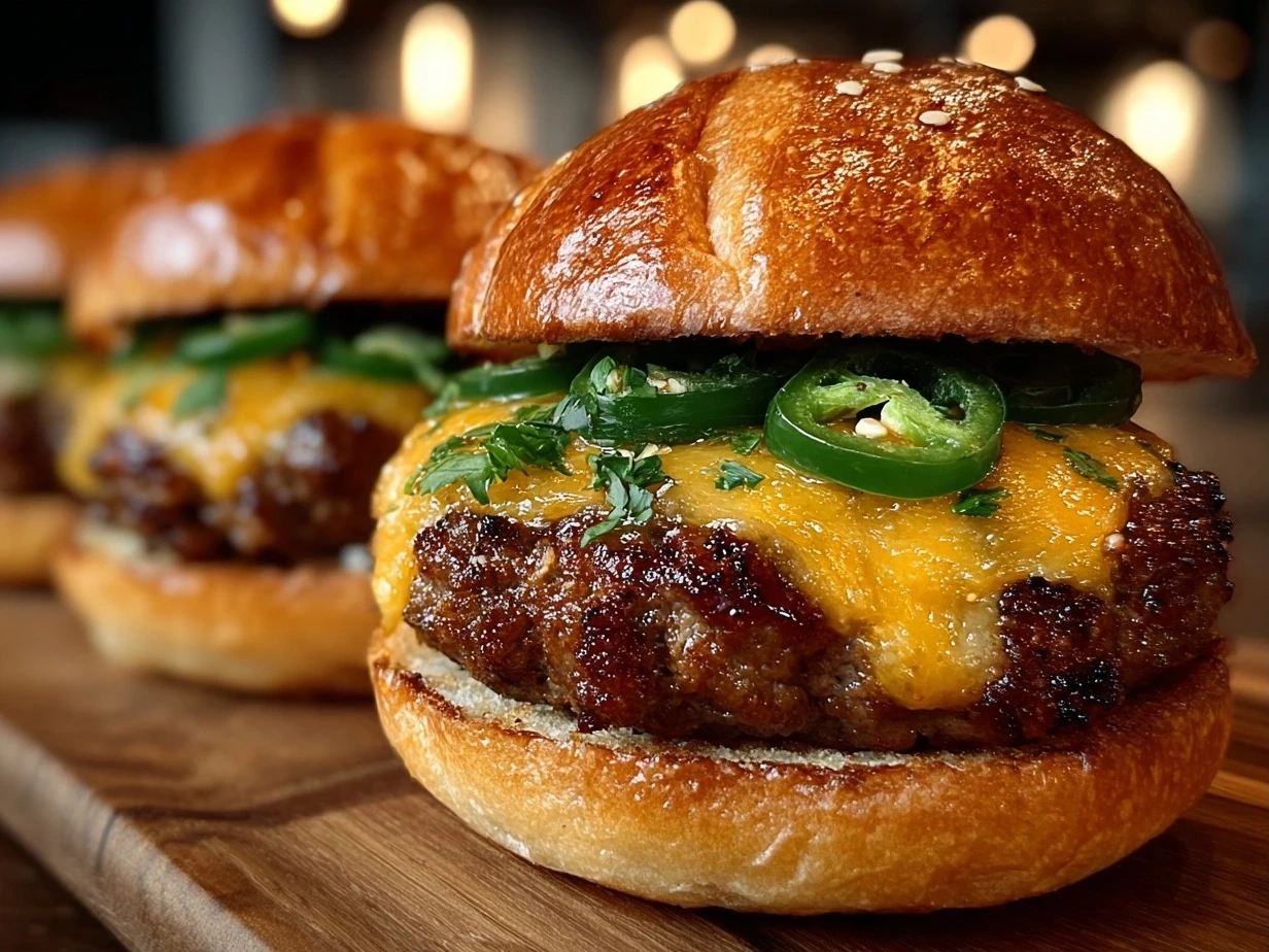 Close-up of a finished Cheddar Jalapeño Burger with melted cheddar peeking out