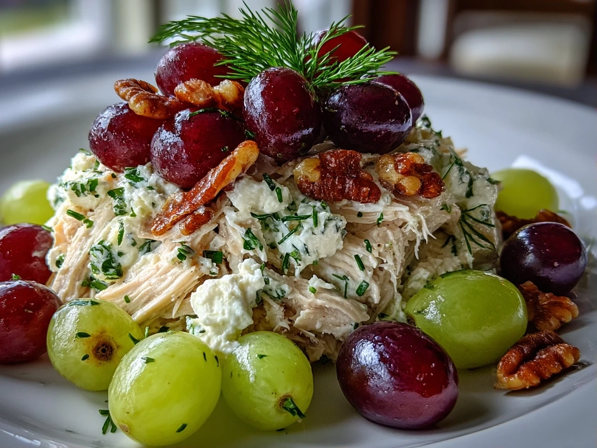 Close up of finished Chicken Salad Chick Grape Salad with creamy texture and fresh grapes
