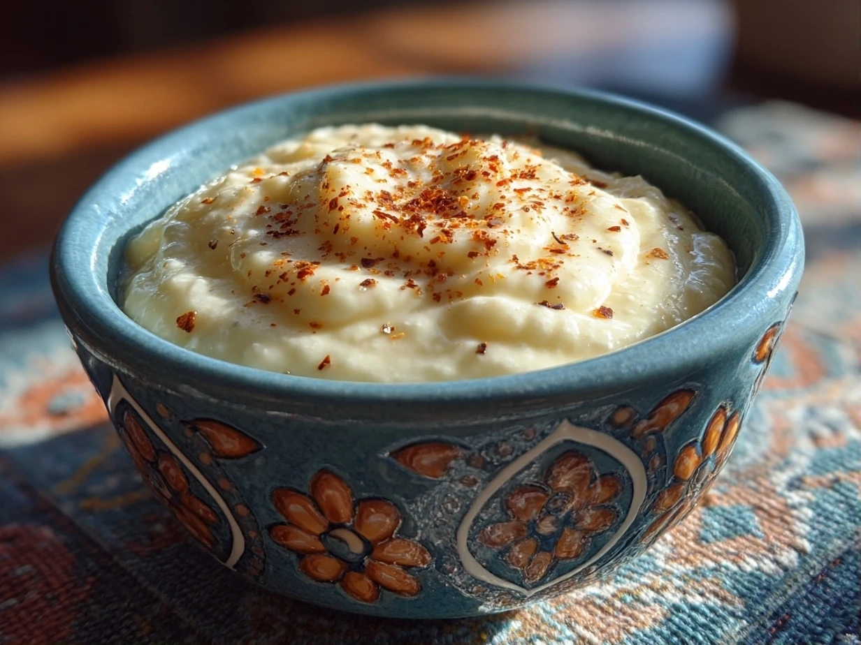 Close-up of finished creamy horseradish sauce in a bowl, ready to serve