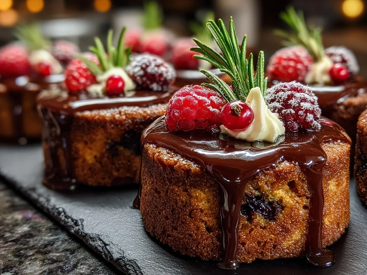 Finished Festive Mini Christmas Cakes with Ganache beautifully decorated
