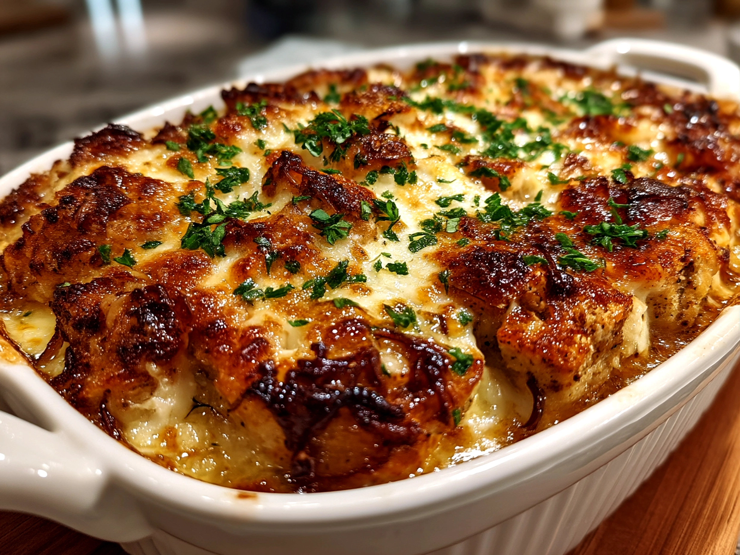 Close-up of a freshly baked French Onion Chicken Bake, with melted cheese and caramelized onions