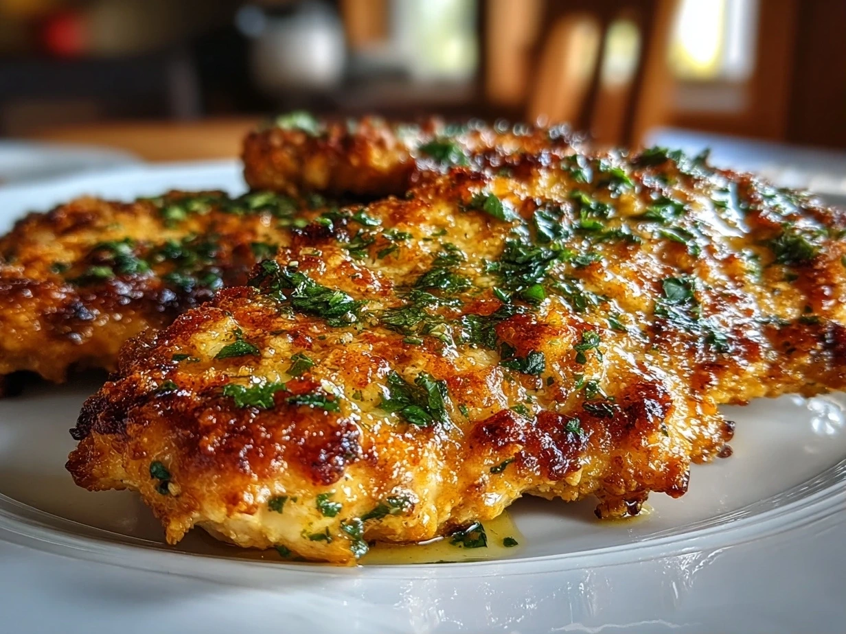 Close-up of finished Garlic Parmesan Chicken with creamy sauce and garnish