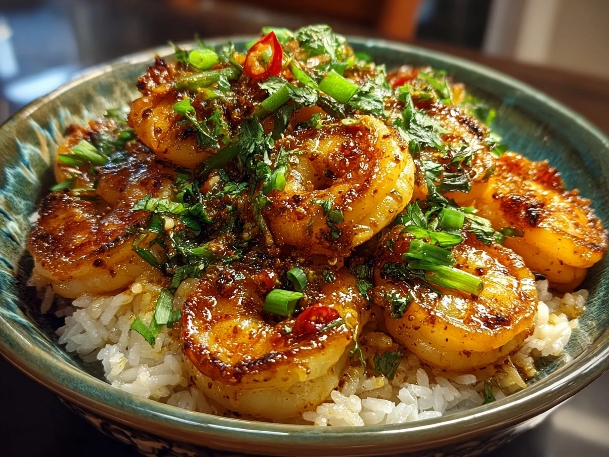 Close up of finished Garlic Shrimp Bowl with shrimp, rice, parsley garnish, and lemon wedge