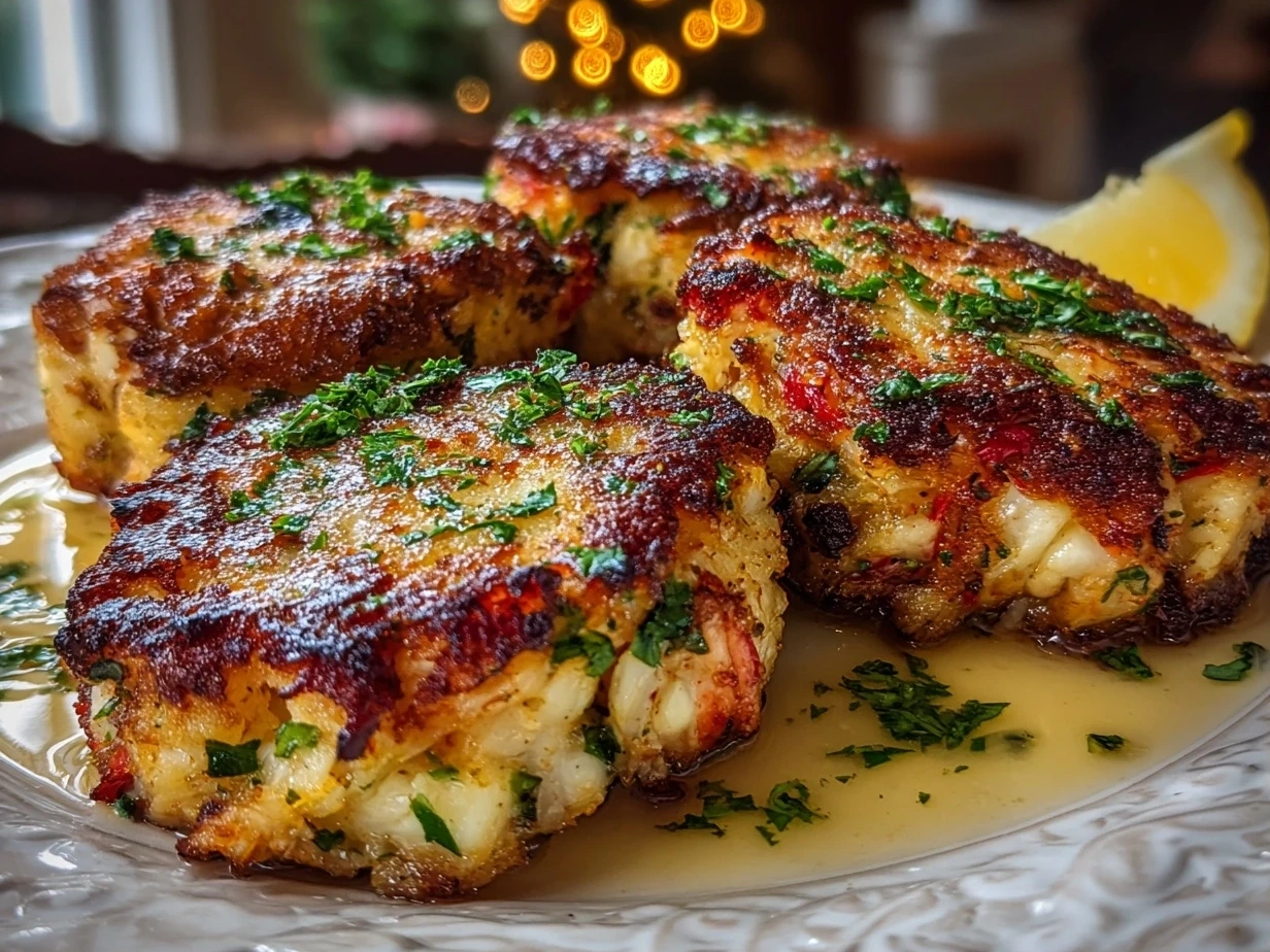 Close up photo of finished homemade Maryland crab cakes showing golden crispy crust and tender crab meat inside