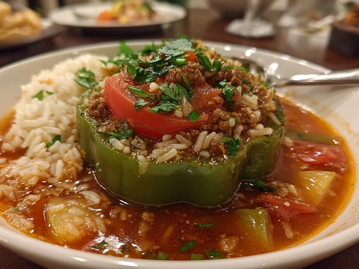 Finished homemade stuffed pepper soup served in a bowl ready to enjoy