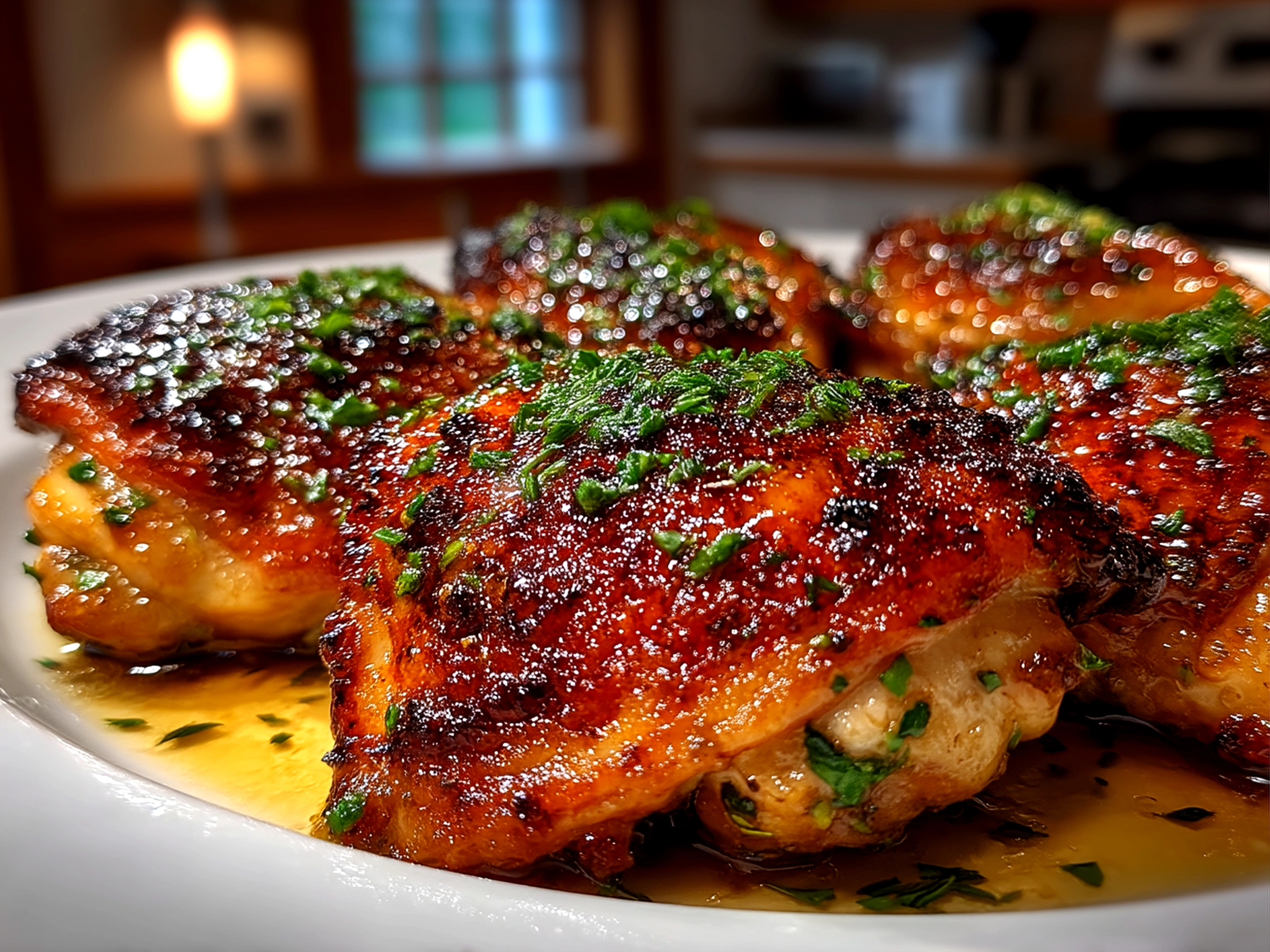 Close-up of finished Honey Garlic Chicken Thighs with glossy sauce