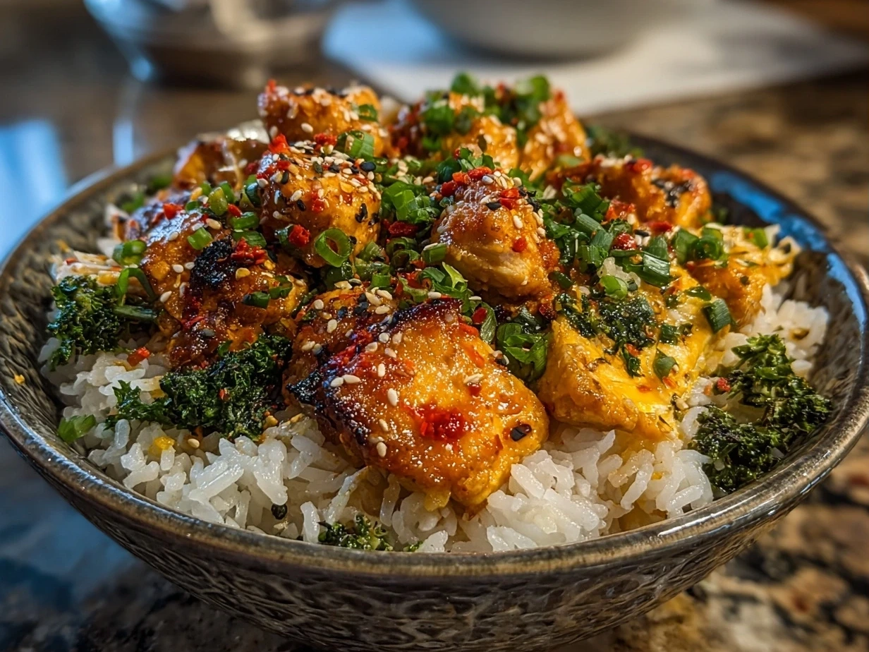 Close-up of finished Honey Sriracha Chicken Rice Bowl with rice and toppings