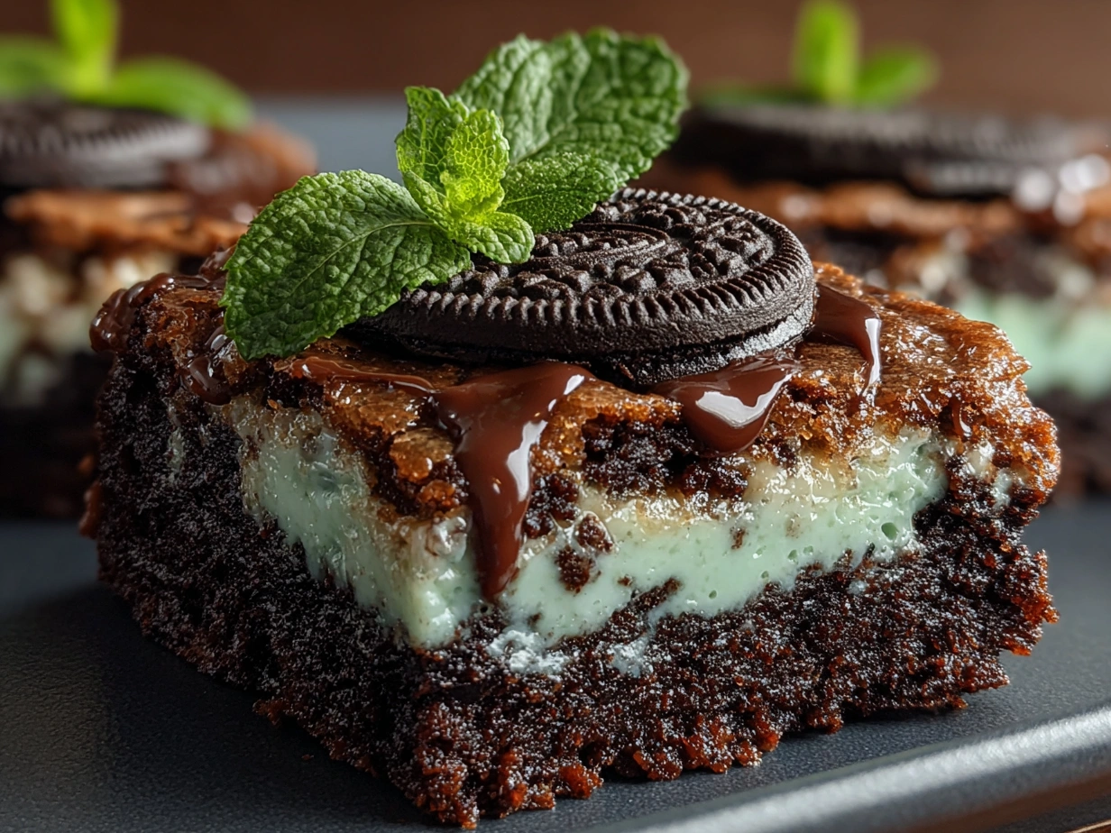 Finished, sliced Mint Oreo Brownies on a serving plate