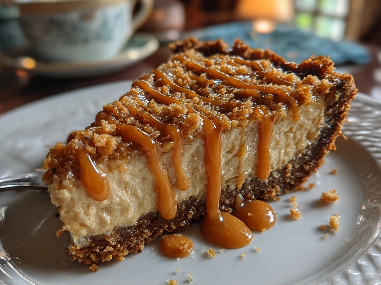 Finished peanut butter pie in a glass pie dish with a slice removed