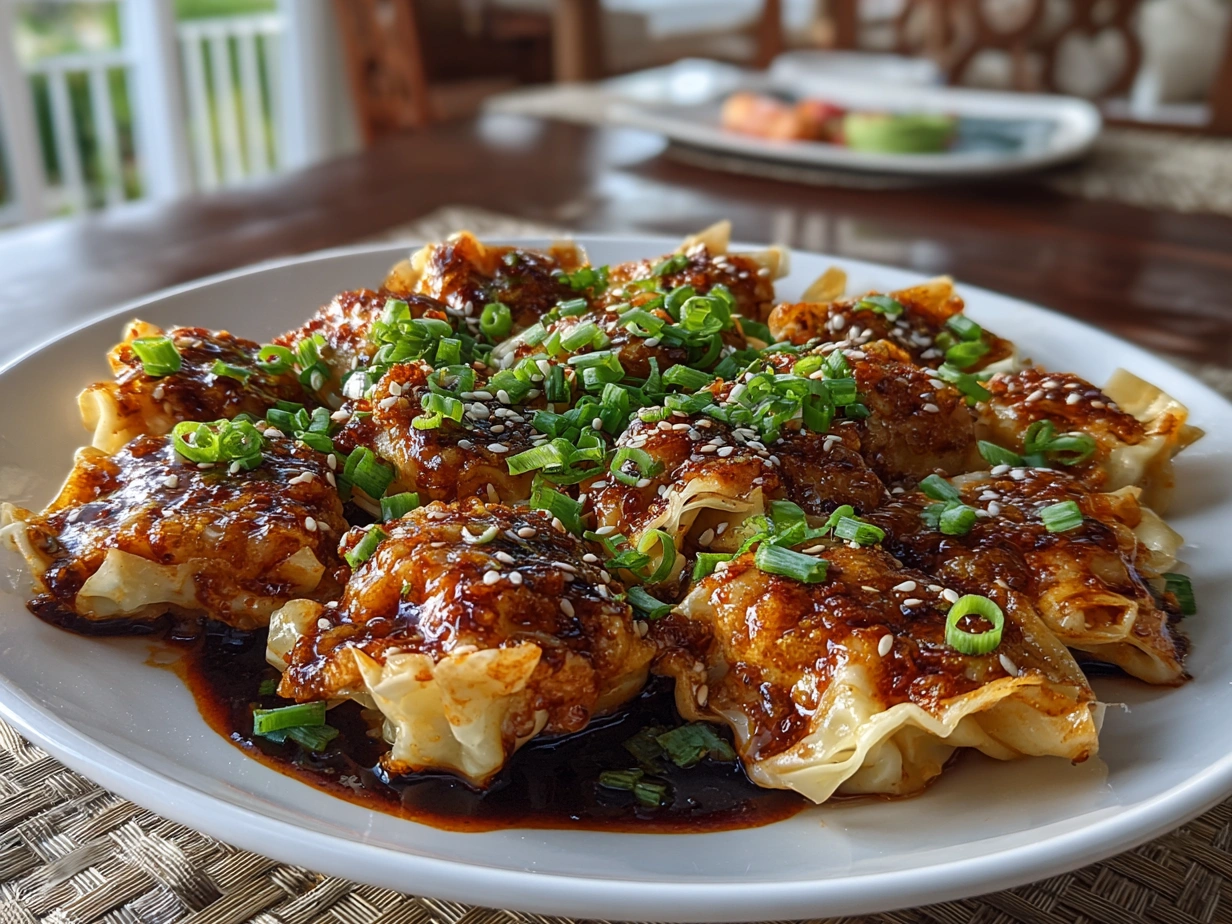 Finished plate of Spicy Wontons in Chilli Sauce garnished with green onions and sesame seeds
