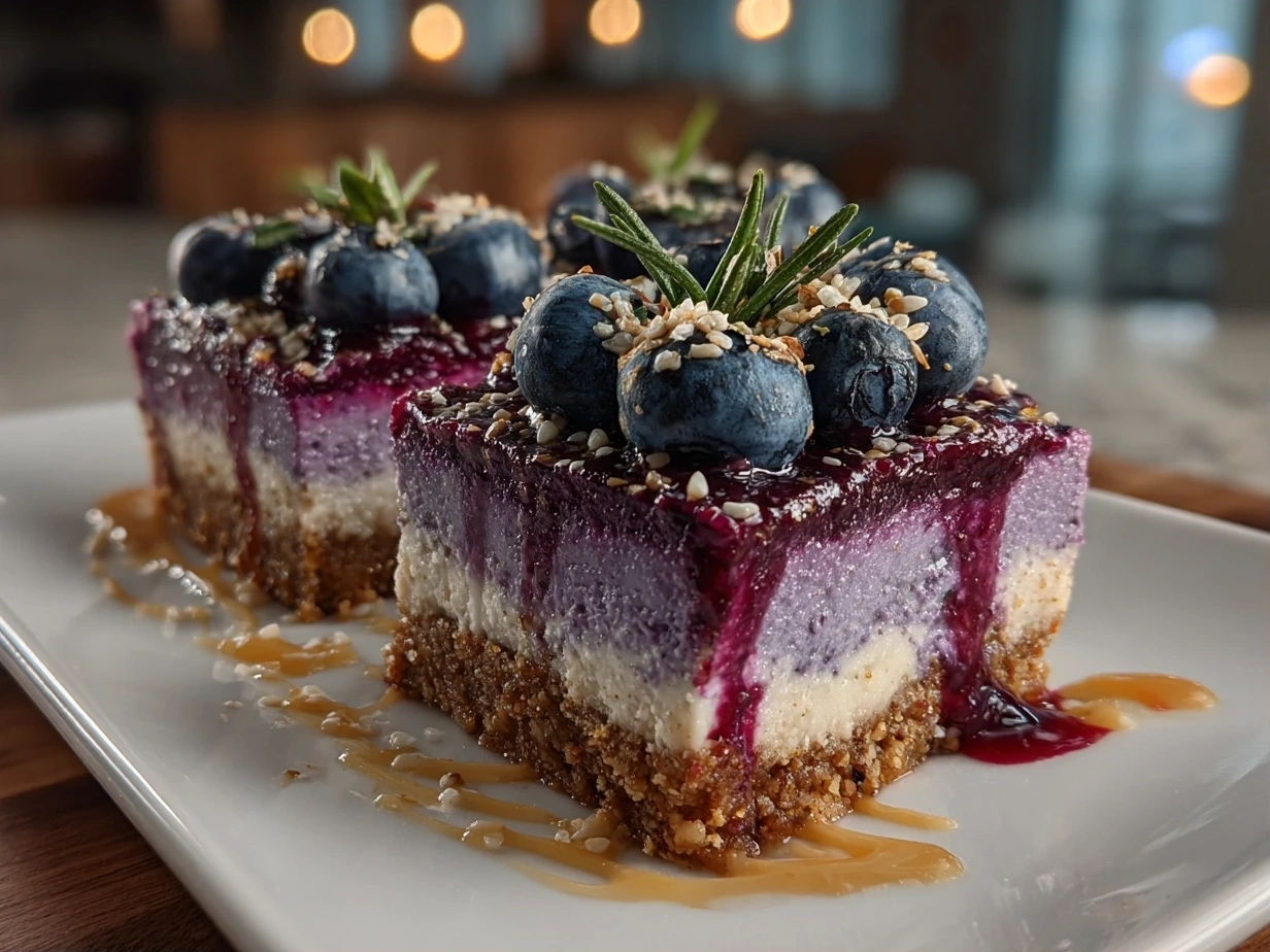 Finished Raw Vegan Blueberry Cheesecake Bars cut into squares ready to serve