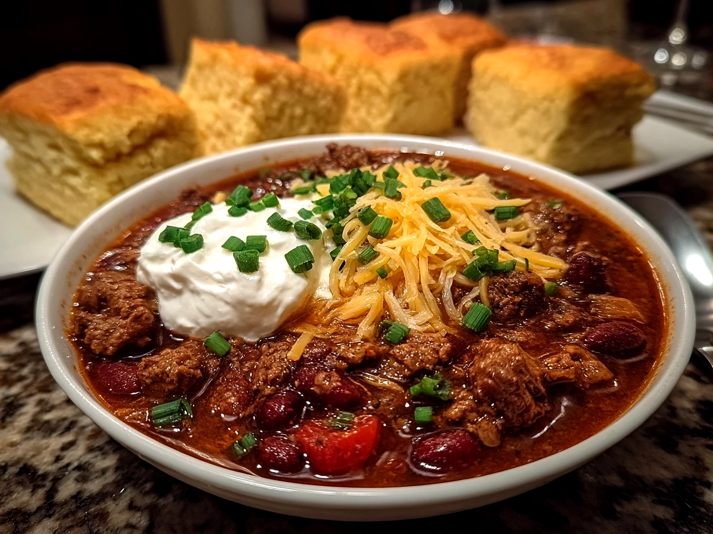 Close up of finished slow cooker chili with rich finish, garnished and ready to serve