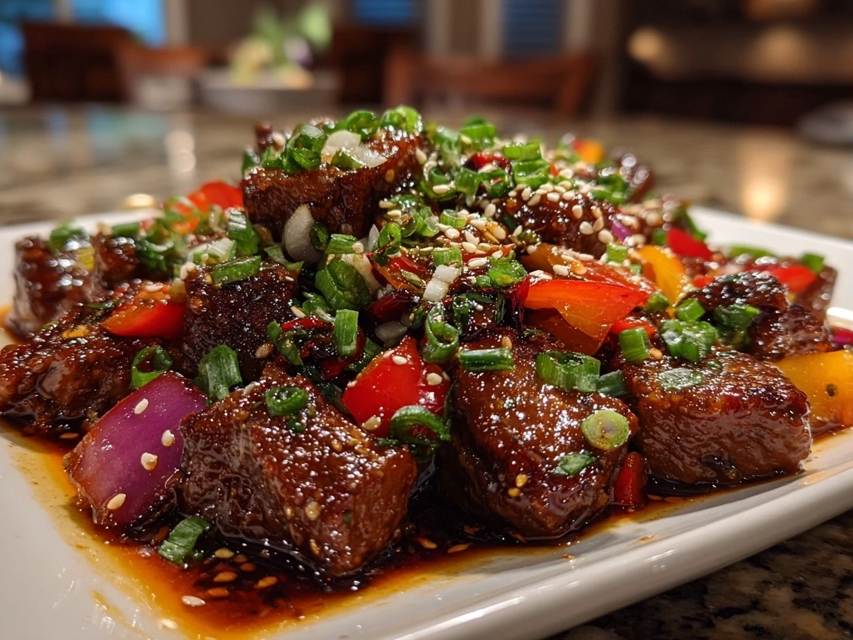 Close-up of finished spicy Szechuan Beef with bell peppers and green onions