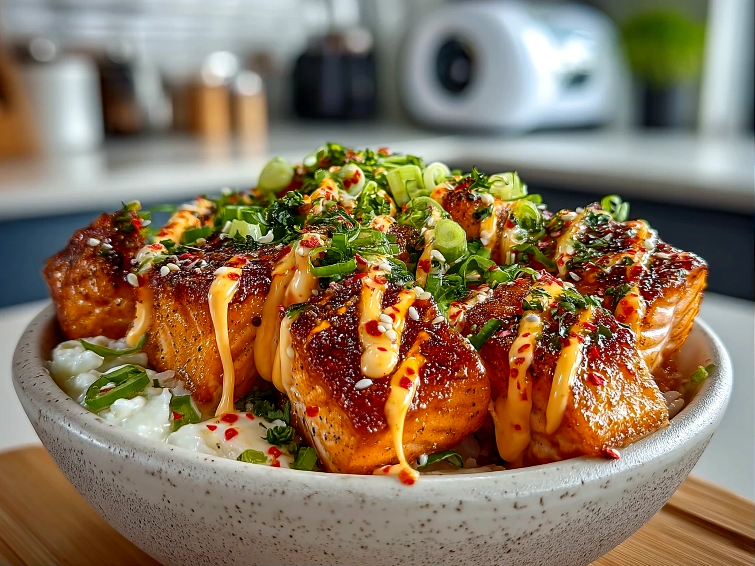 Freshly prepared air fryer salmon bowl