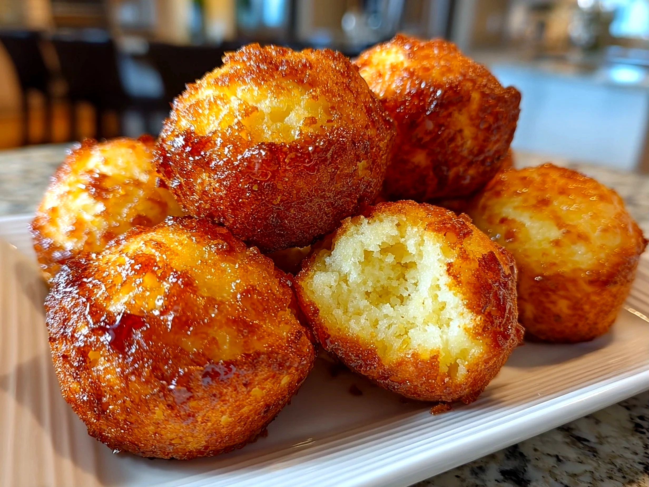 Freshly prepared Southern Honey Butter Cornbread Poppers plated on white dish