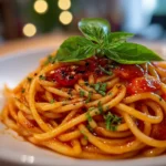 Freshly prepared Tomato Basil Noodle Soup served in white bowl
