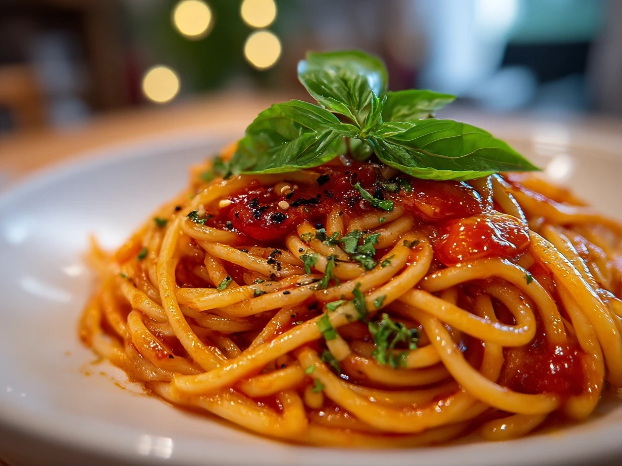 Freshly prepared Tomato Basil Noodle Soup served in white bowl