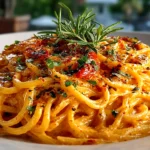 Freshly prepared Tomato Creamy Pasta on white plate