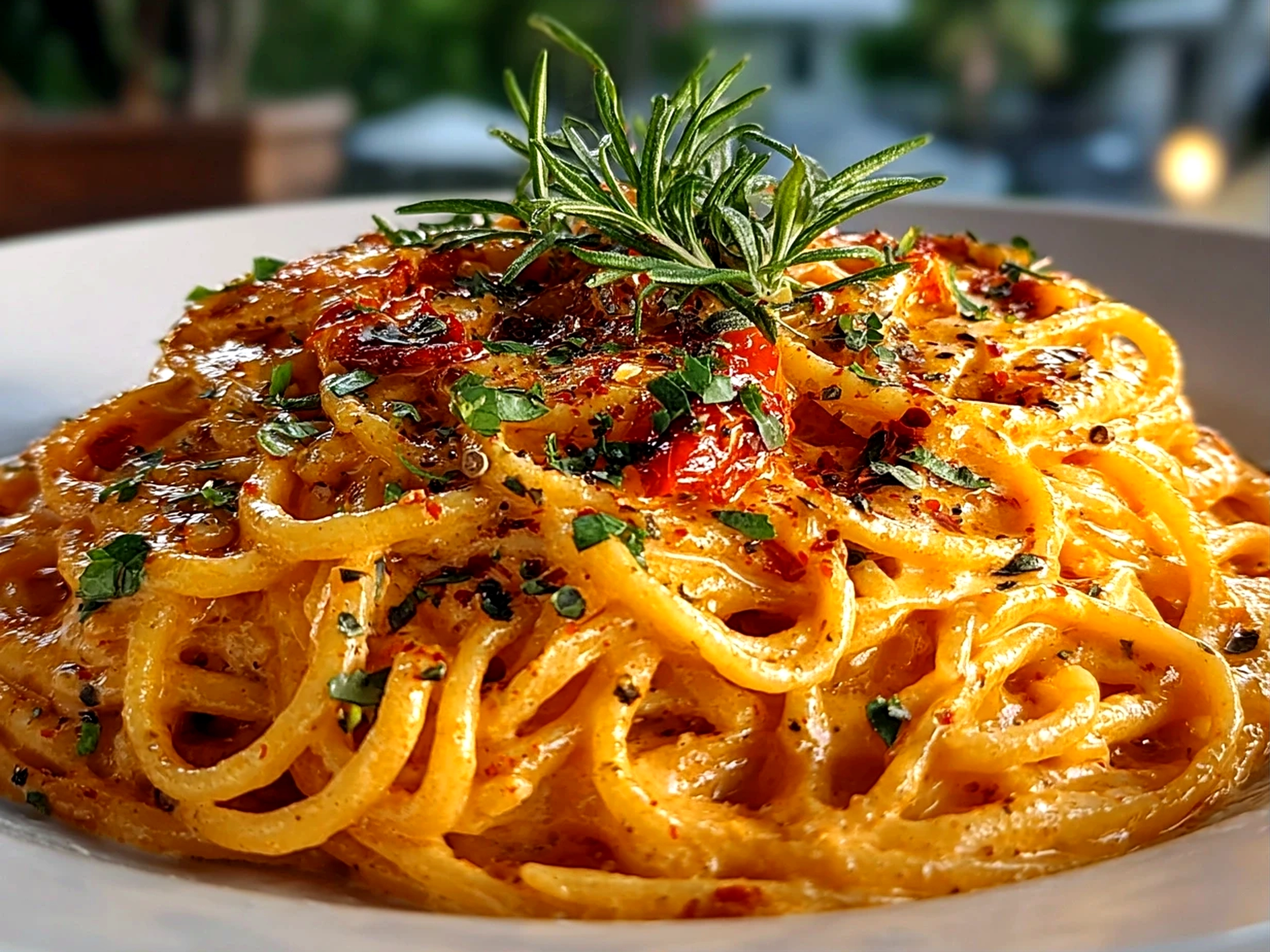 Freshly prepared Tomato Creamy Pasta on white plate