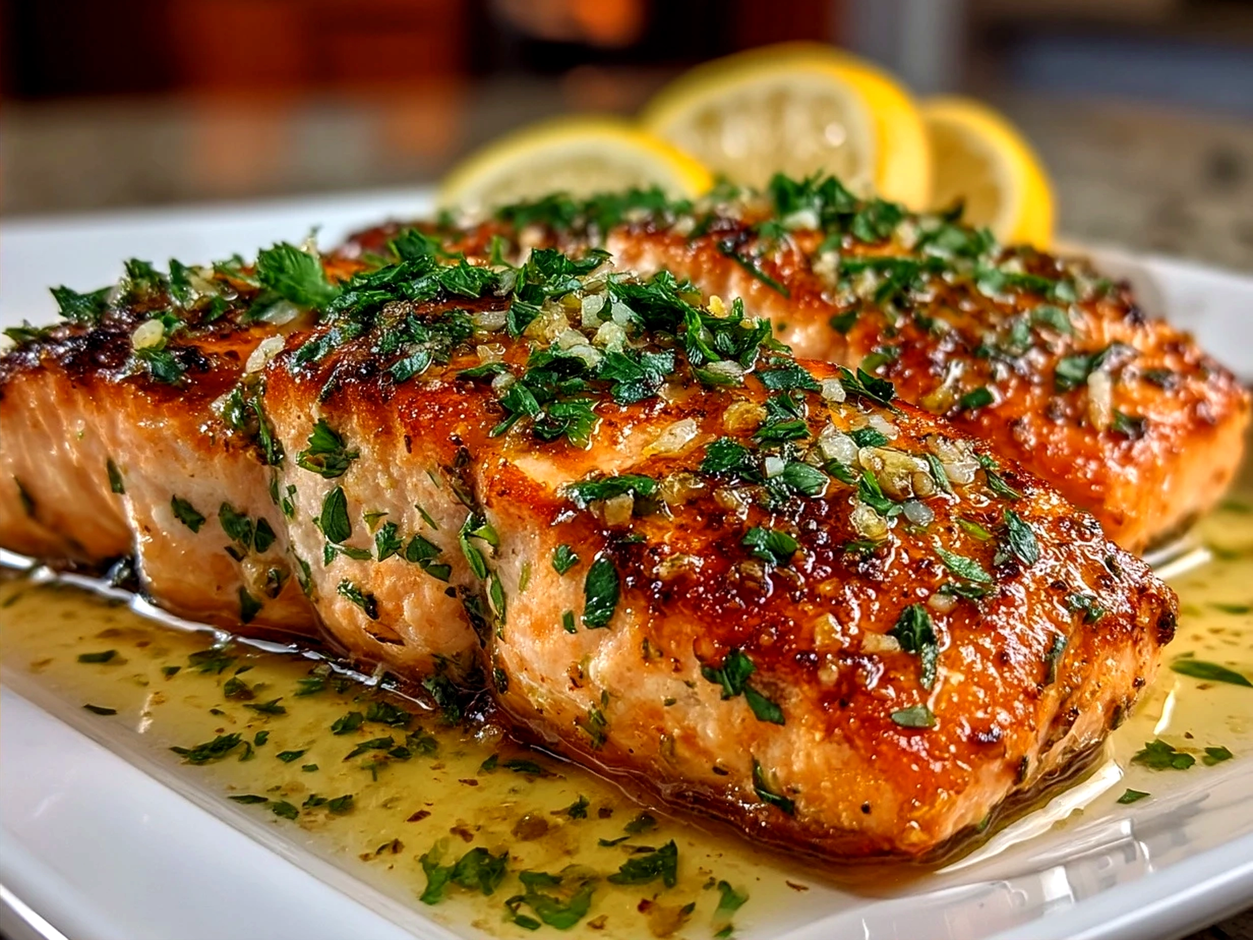 Served Garlic Butter Lemon Salmon garnished with fresh parsley and lemon slices