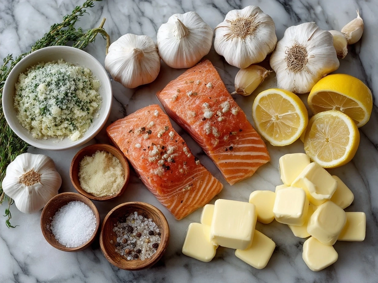 Ingredients for Garlic Butter Lemon Salmon including salmon fillets, butter, garlic, lemon, and parsley