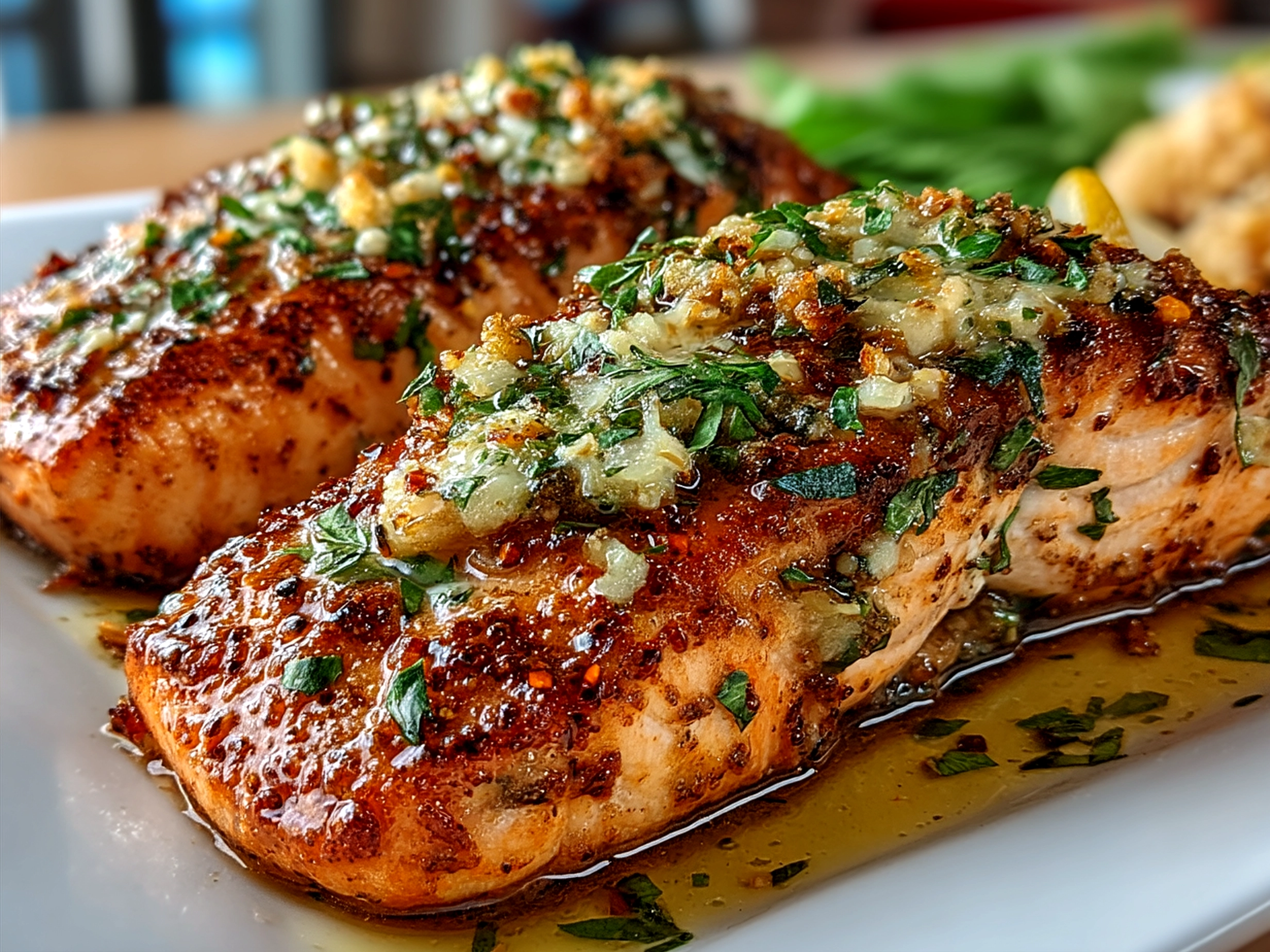 Delicious plated Garlic Butter Salmon served with roasted vegetables