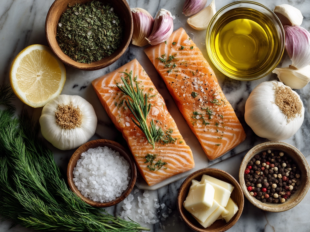 Ingredients for Garlic Butter Salmon displayed on a wooden table