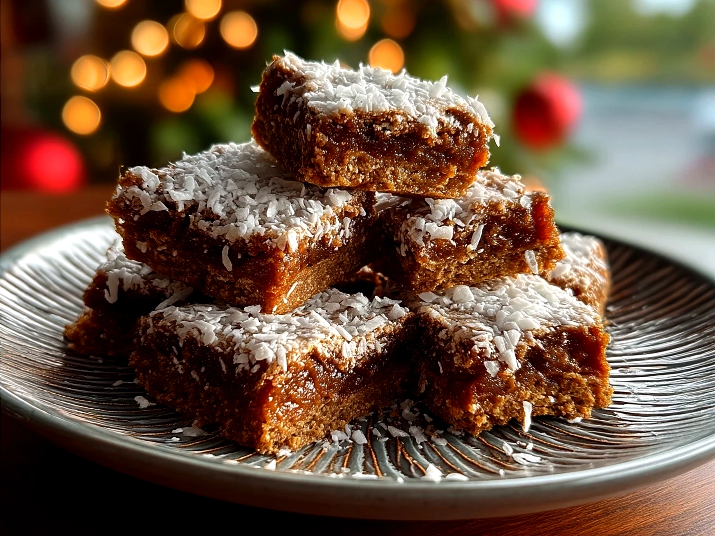 Finished Gingerbread Protein Snack bars arranged on a board with a cup of herbal tea