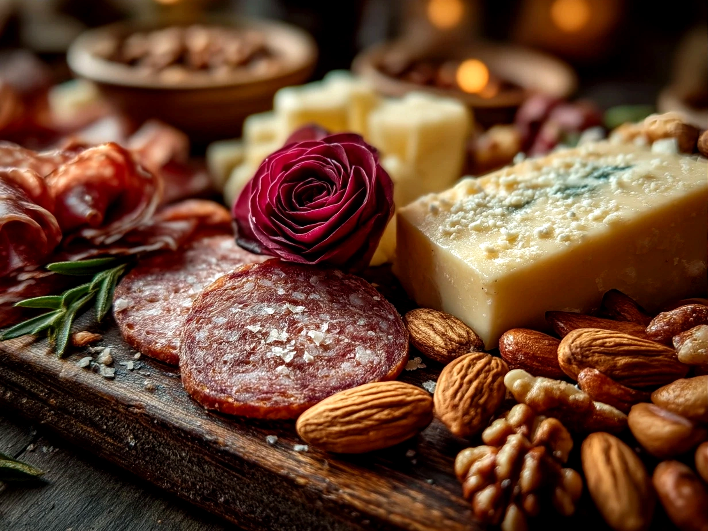 Beautifully arranged gluten-free charcuterie board featuring a salami rose centerpiece