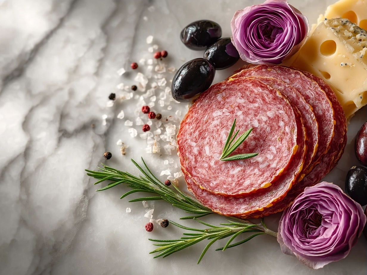 Ingredients laid out for gluten-free charcuterie board with salami rose