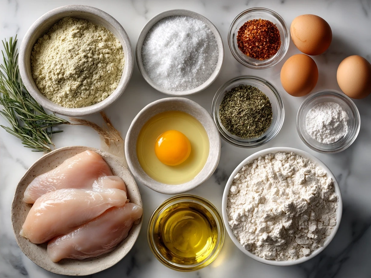 Ingredients laid out for Gluten Free Chicken Tenders: almond flour, rice flour, eggs, chicken tenders, and seasoning