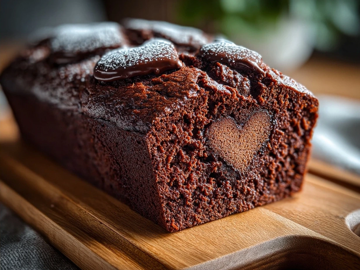 Final baked Hidden Heart Chocolate Loaf Cake with slice showing the heart shape inside