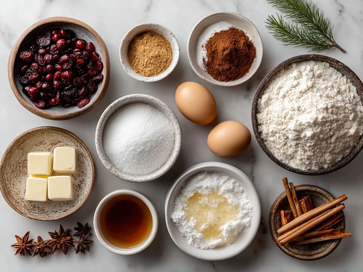 Ingredients layout for holiday cookies recipe, including flour, spices, sugars and butter