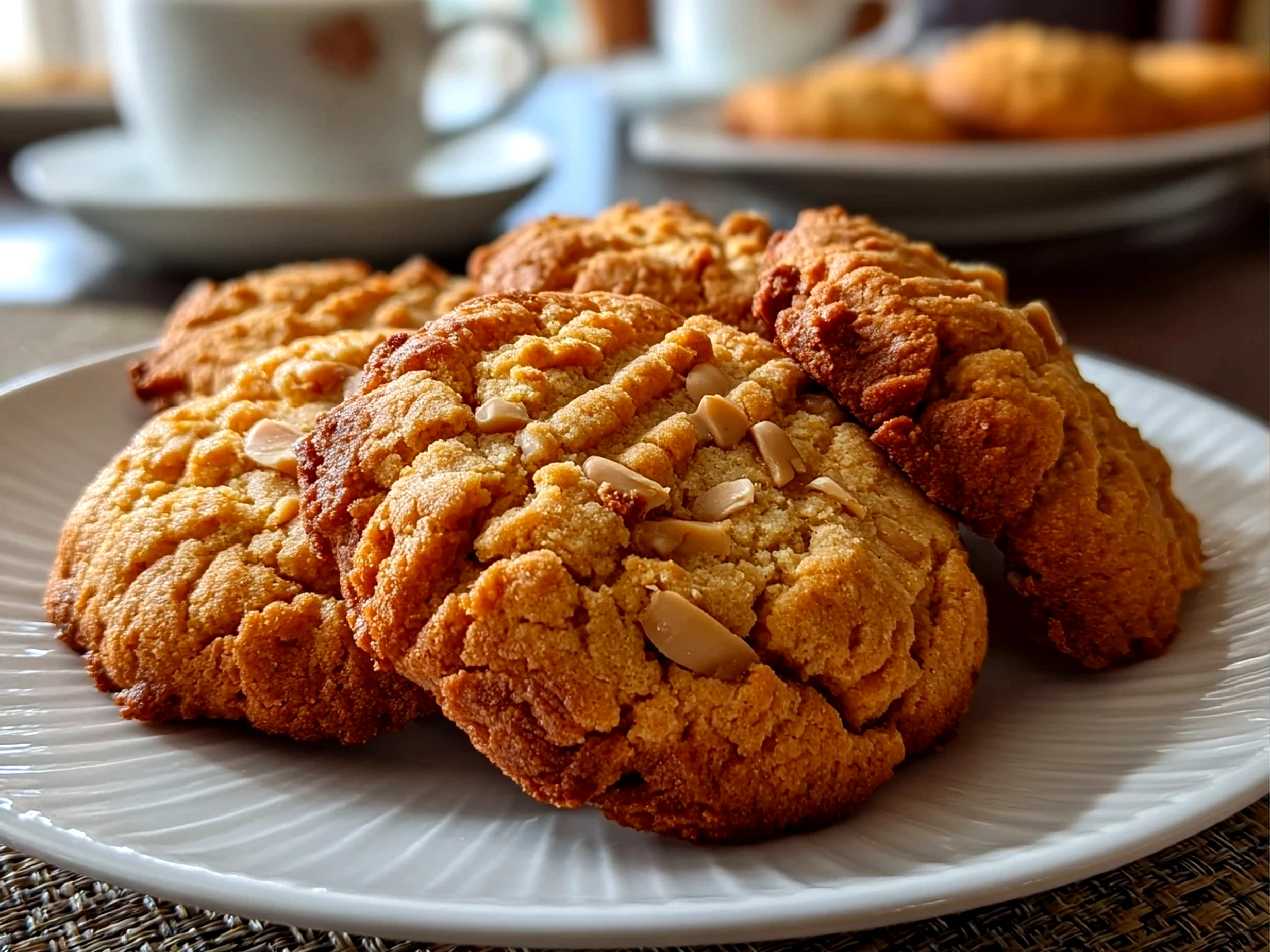 Home cook, iPhone 14. Close-up slight angle of delicious peanut butter cookies on white plate. Rich inviting --ar 4:3 --style raw --s 245