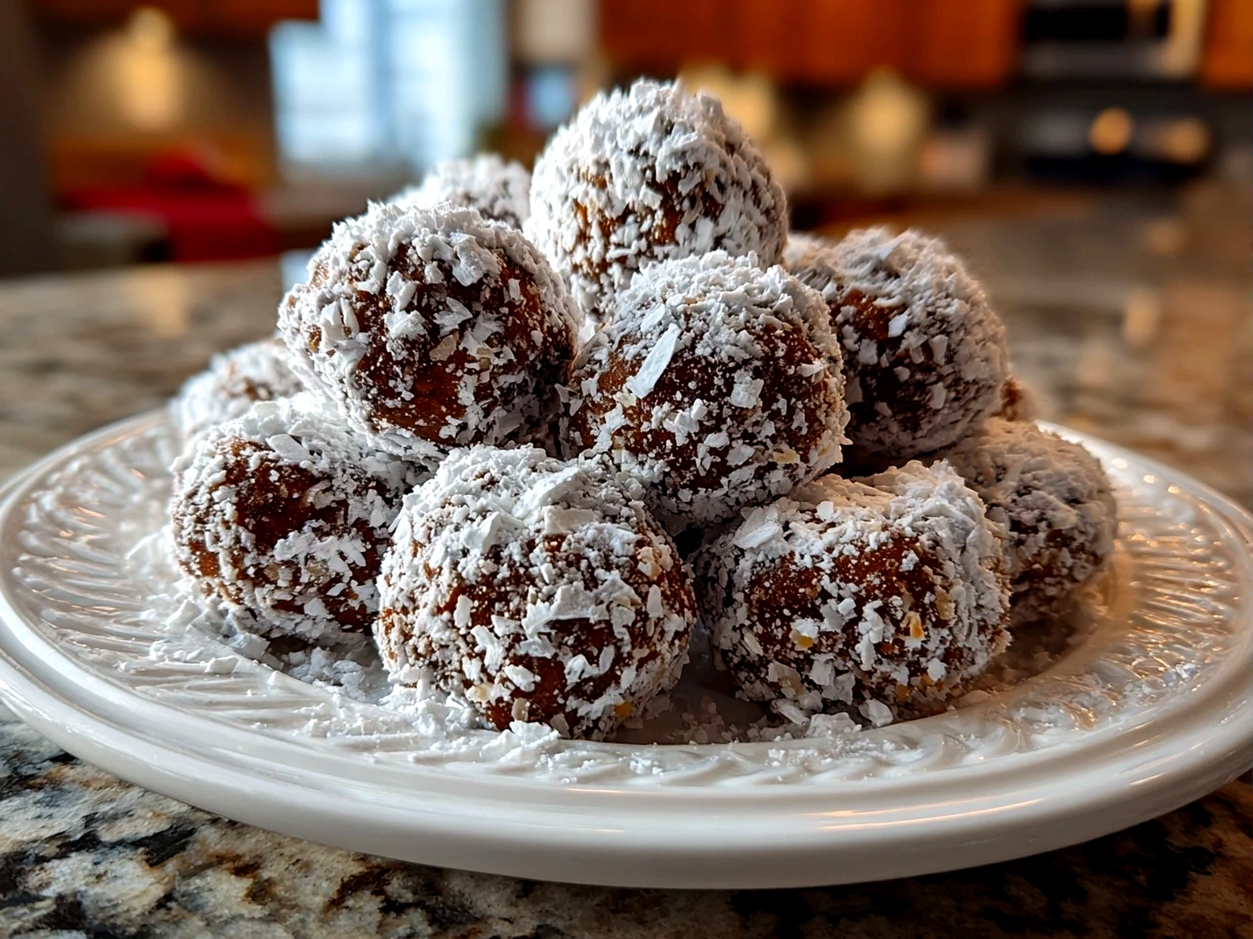 Home cook, iPhone 14. Close-up slight angle of delicious Puppy Chow Balls on white plate. Mouthwatering --ar 4:3 --style raw --s 240