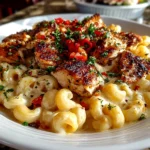 Home cook, iPhone 15 Pro. Close-up slight angle of comforting Honey Pepper Chicken Mac and Cheese on white plate. Mouthwatering --ar 4:3 --style raw --s 240