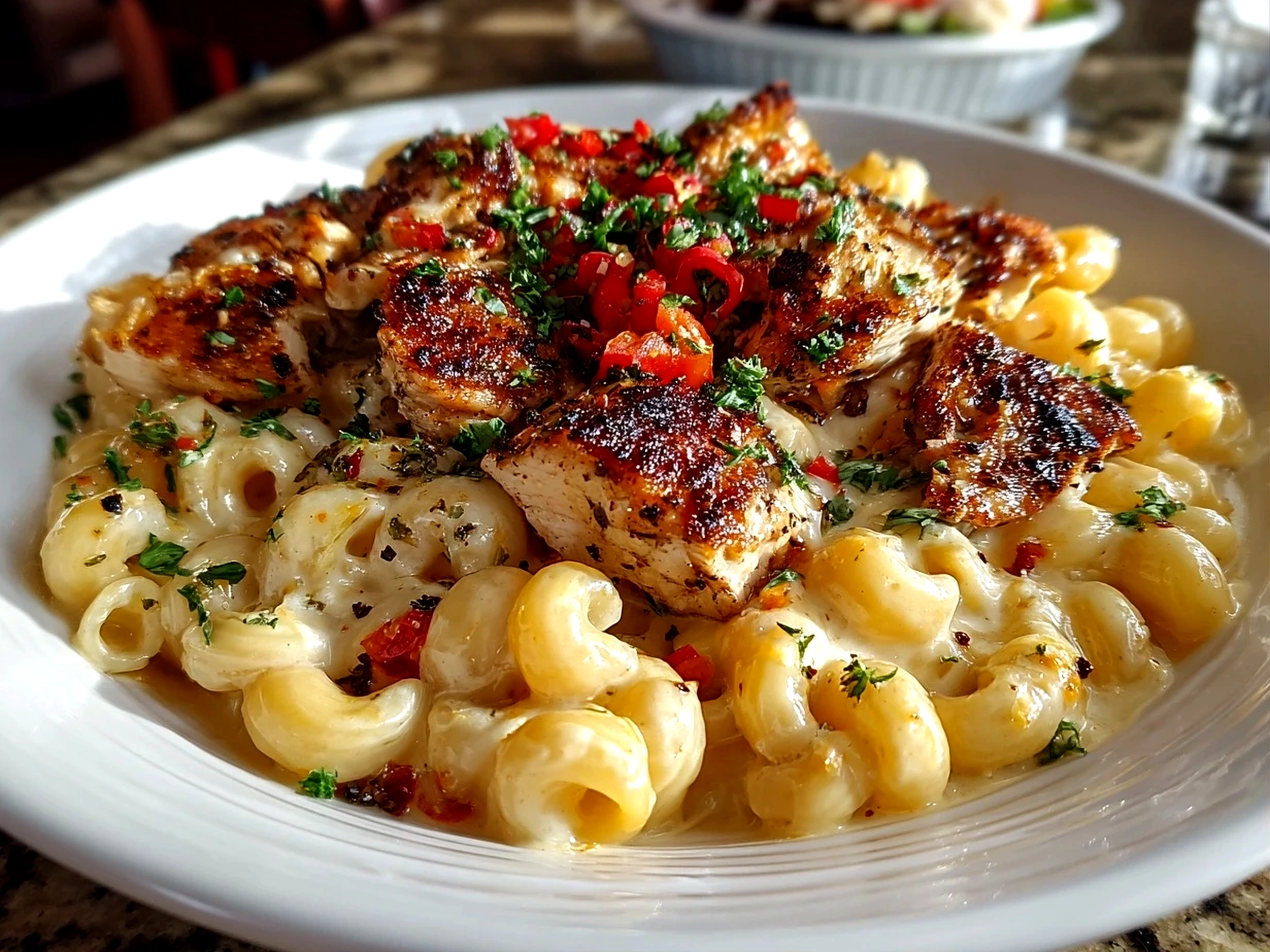 Home cook, iPhone 15 Pro. Close-up slight angle of comforting Honey Pepper Chicken Mac and Cheese on white plate. Mouthwatering --ar 4:3 --style raw --s 240