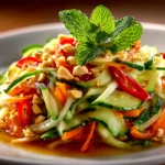 home cook, iPhone 15 Pro. Close-up slight angle of fresh Thai Peanut Salad on white plate. warm appetizing --ar 4:3 --style raw --s 260