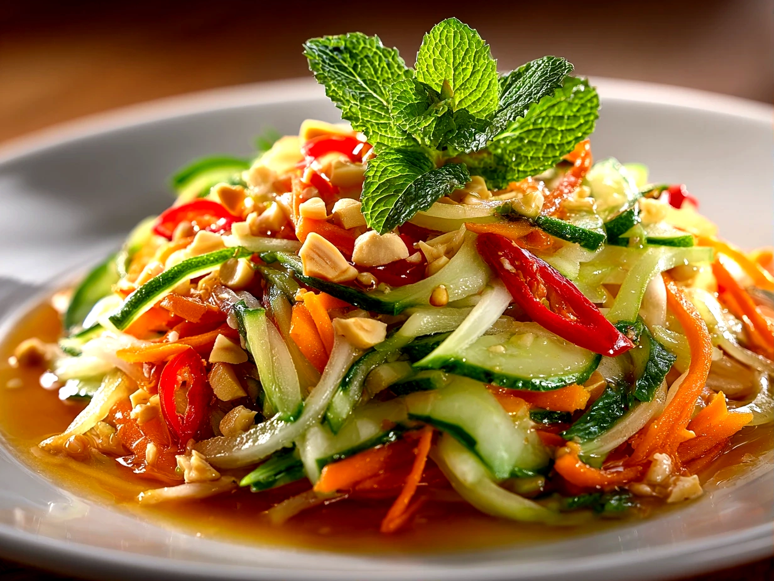 home cook, iPhone 15 Pro. Close-up slight angle of fresh Thai Peanut Salad on white plate. warm appetizing --ar 4:3 --style raw --s 260