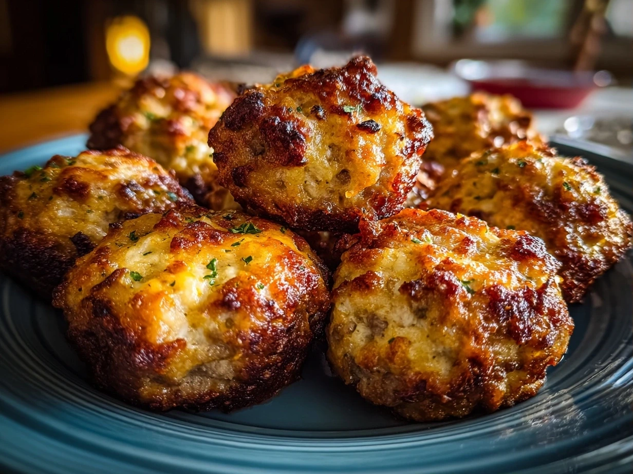 Close-up of finished golden cream cheese sausage balls served on a platter