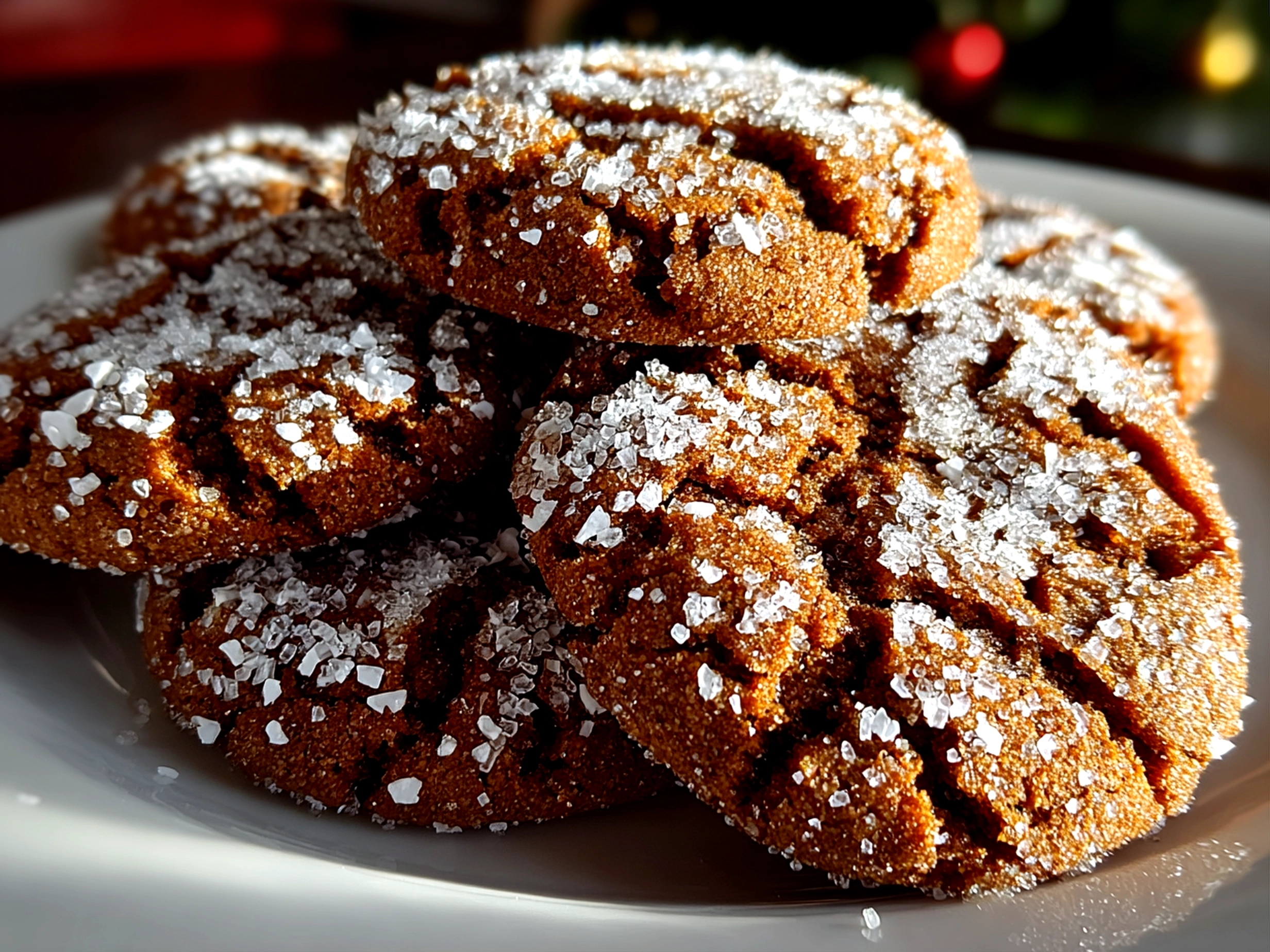 Home cook, taken with iPhone 15 Pro Max. Close-up slight angle of homemade Molasses Crinkle Cookies on white plate. Mouthwatering --ar 4:3 --style raw --s 250