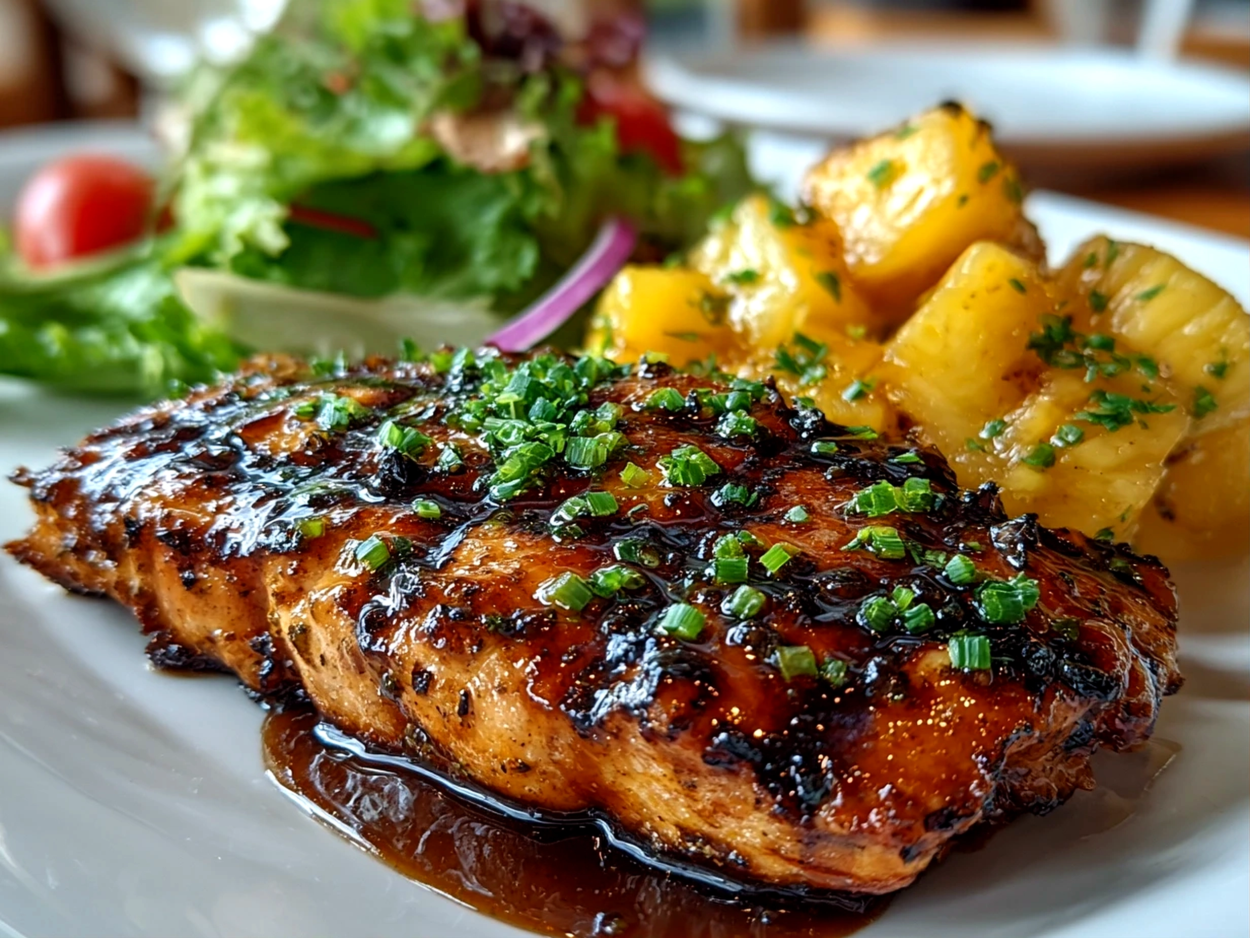 home cook, taken with iPhone 15 Pro. Close-up slight angle of delicious Grilled Mango Pineapple Chicken on white plate. fresh vibrant --ar 4:3 --style raw --s 240