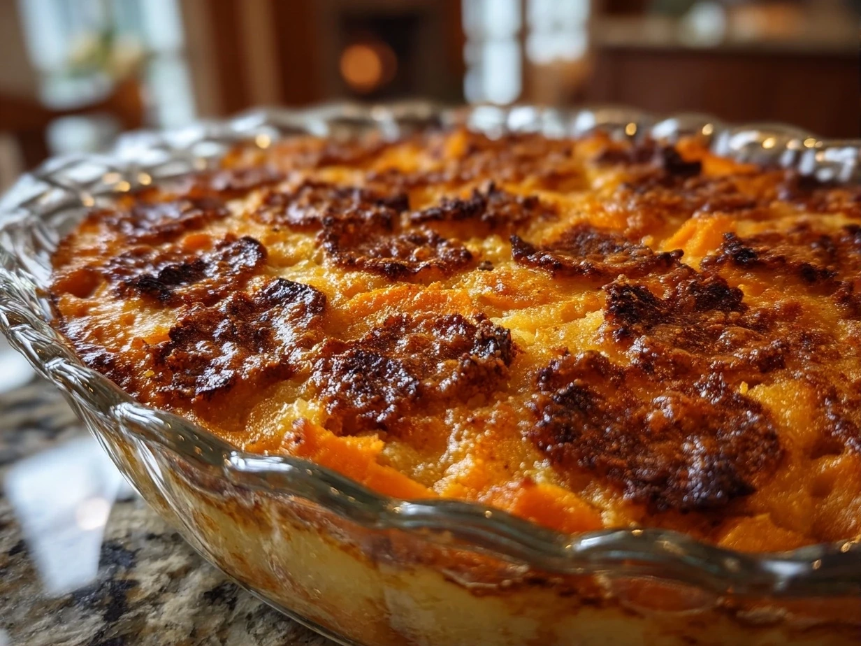 Home cooks finished sweet potato casserole ready to serve