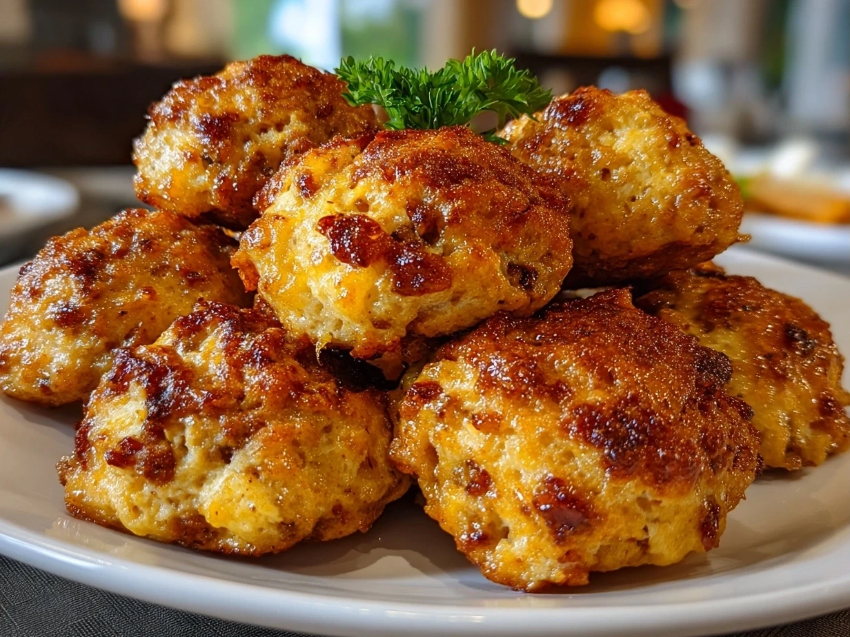Homemade cream cheese sausage balls served on white plate