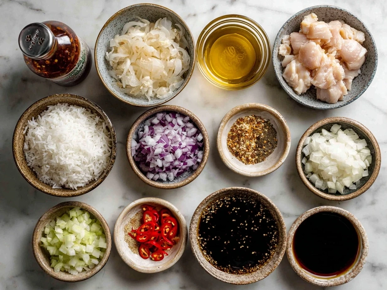 Ingredients for Honey Sriracha Chicken Rice Bowls on marble surface