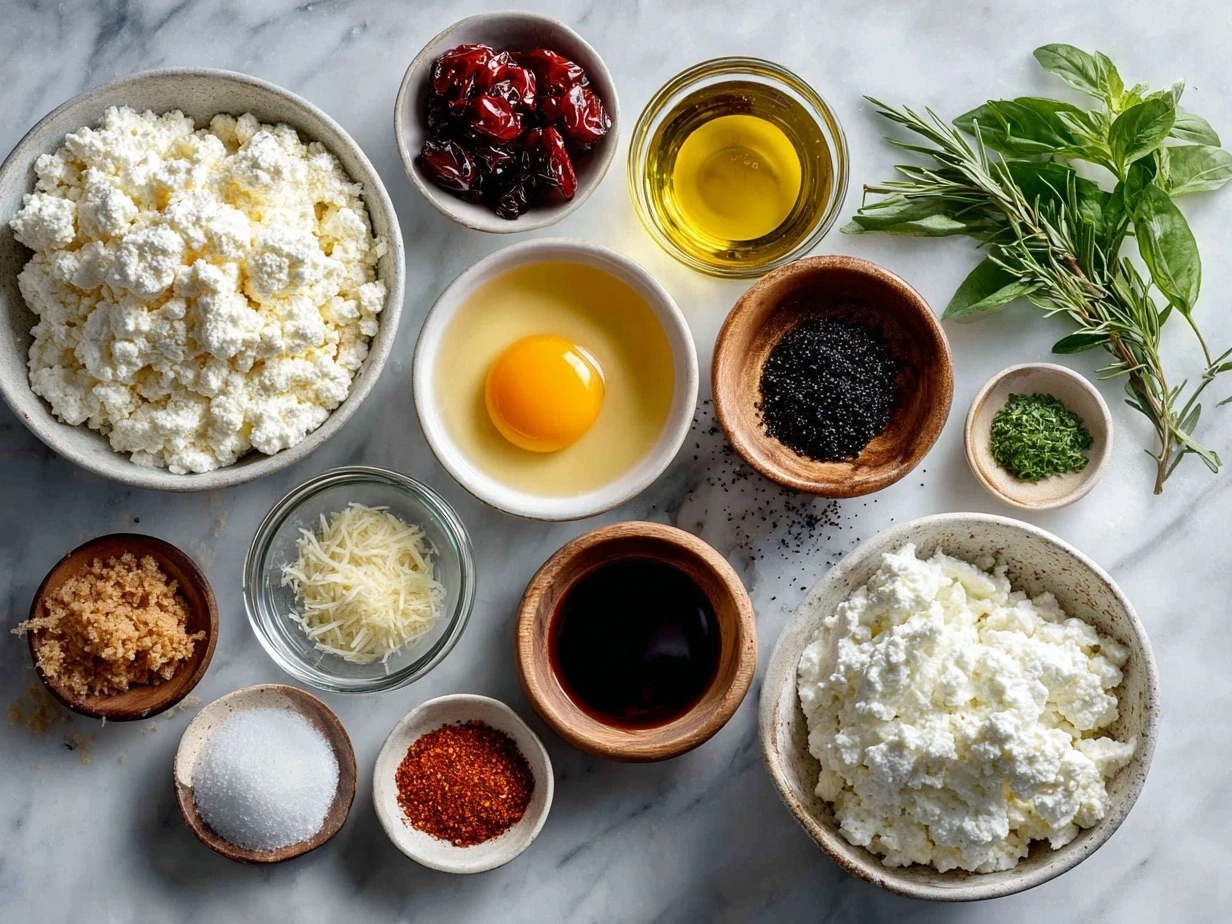 Ingredients for Honey Ricotta Pizza including dough, ricotta, honey, olive oil and herbs