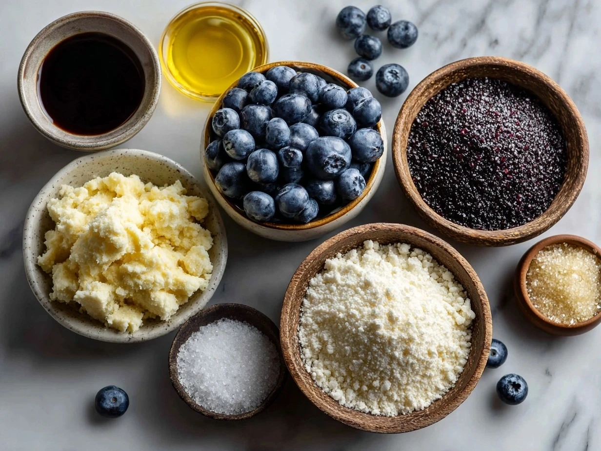Ingredients for Raw Vegan Blueberry Cheesecake Bars, including raw almonds, medjool dates, cashews, blueberries, coconut oil, maple syrup, lemon juice, vanilla extract, and sea salt