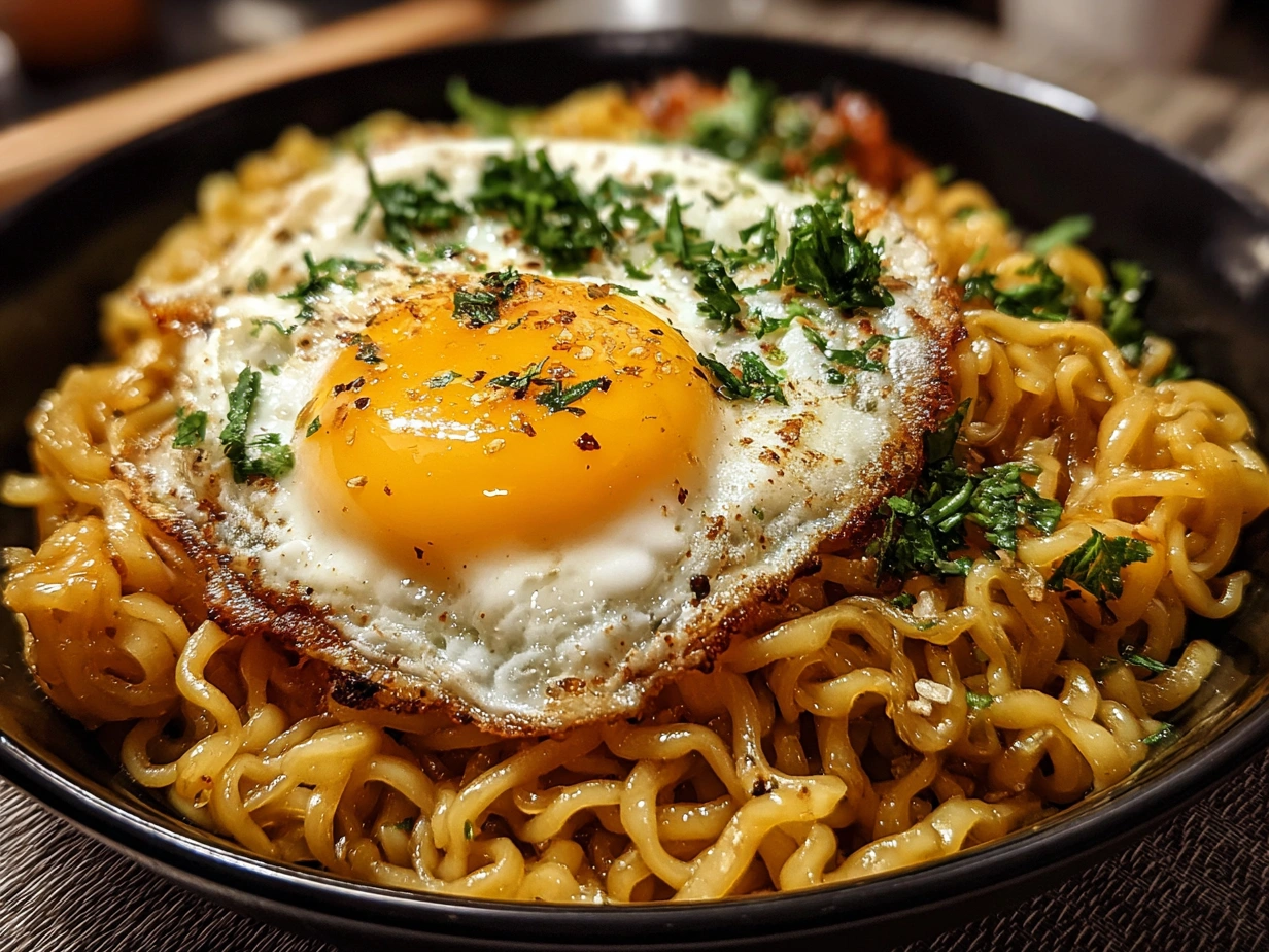 Delicious plated Instant Noodles with Egg Butter Garlic garnished with fresh green onions