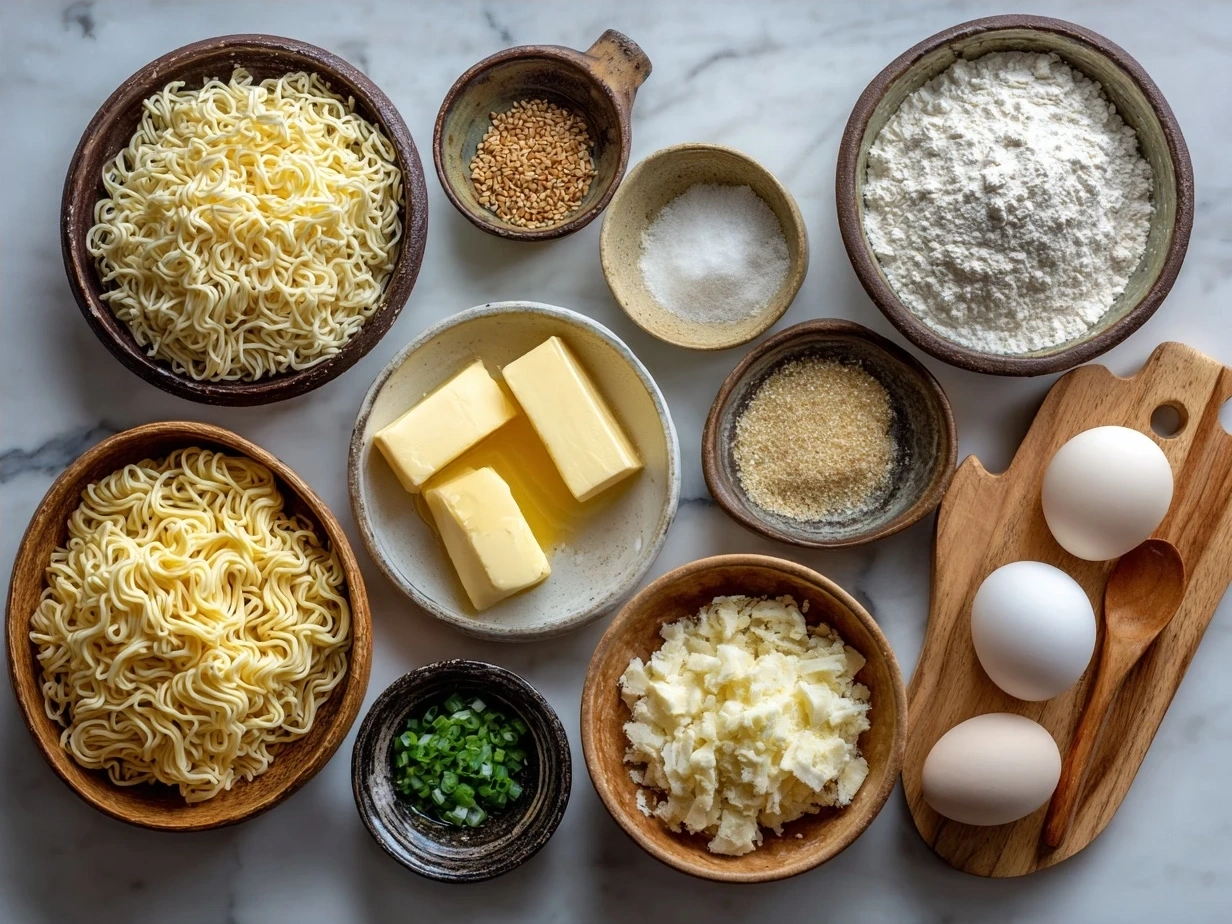 Ingredients for Instant Noodles with Egg Butter Garlic: instant noodles, unsalted butter, minced garlic, eggs, soy sauce, black pepper, green onions or parsley