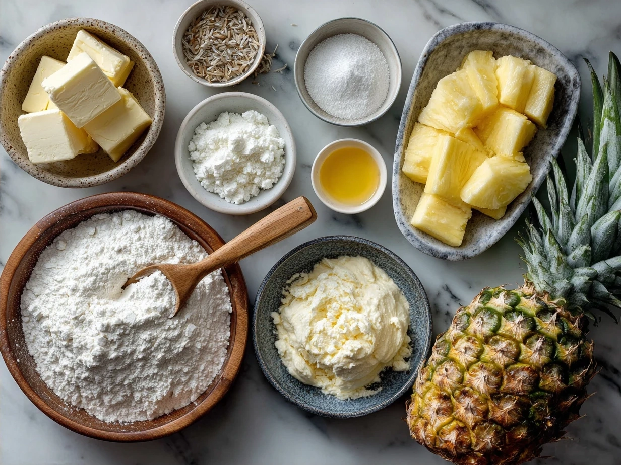 Ingredients for Juicy Pineapple Cake including flour, eggs, butter, pineapple and more